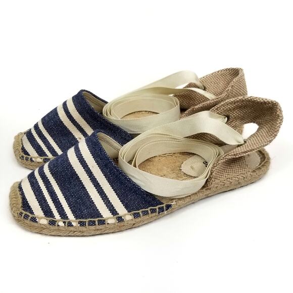 Soludos Women's Lauren Blue White Canvas Ankle Tie Espadrilles Size 5 - Picture 2 of 10